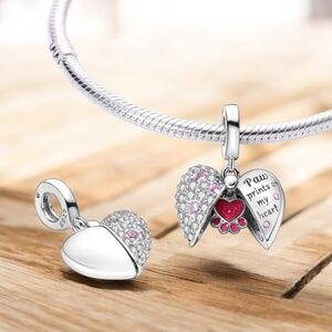 Like-New🌸Pandora-Like Paw Print Love Heart Dangle Charm With CZ & Pink Enamel